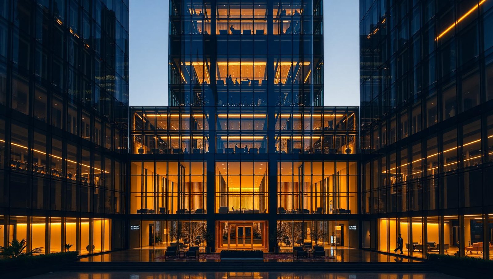 Business Center premium com prédios corporativos modernos e iluminação dourada